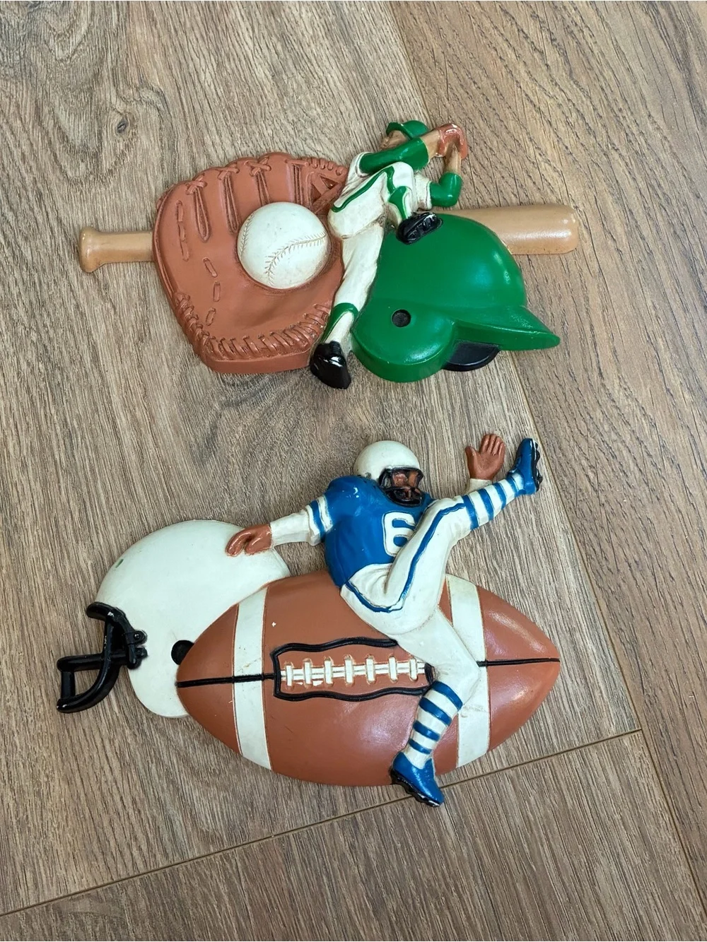 Baseball and Football Kids Wall Plaques - Green & Blue Sports Figures
